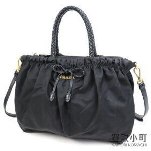 PRADA Tessuto Tote Bag Black Logo Ribbon Boston Shoulder